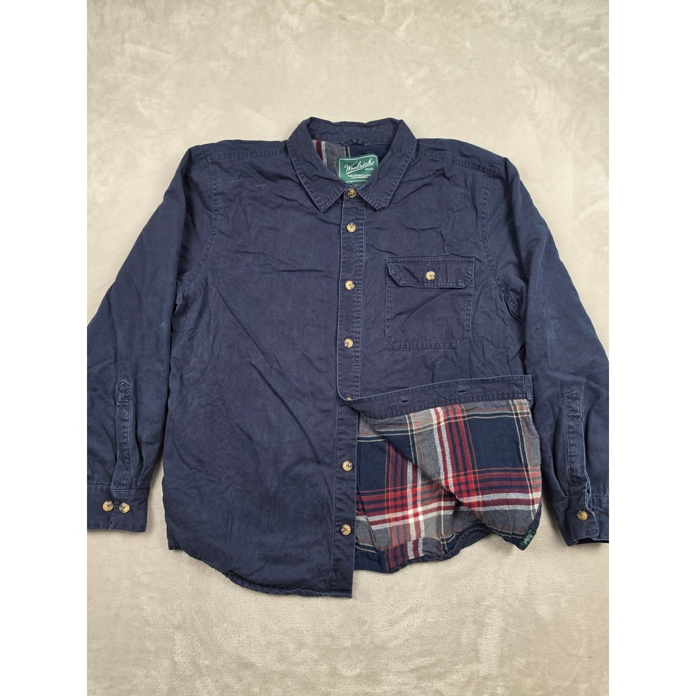 Woolrich Shirt Jacket Mens Large Blue Plaid Lined Pockets Green Label Collection